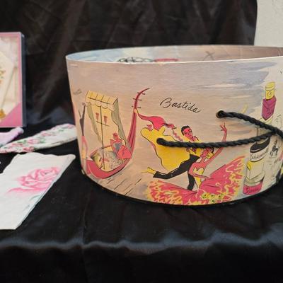 Mid-Century Vintage Hat Box with an assortment of Women's Collectible hats / veils & Vintage linen handkerchiefs.