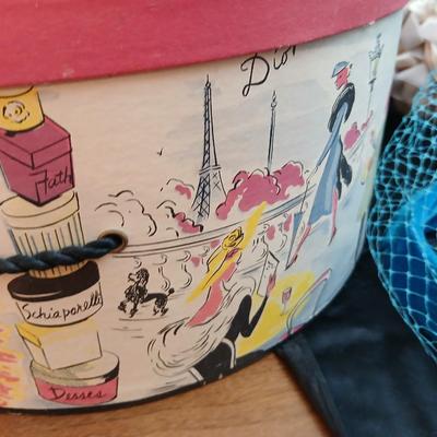 Mid-Century Vintage Hat Box with an assortment of Women's Collectible hats / veils & Vintage linen handkerchiefs.