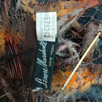 Mid-Century Vintage Hat Box with an assortment of Women's Collectible hats / veils & Vintage linen handkerchiefs.