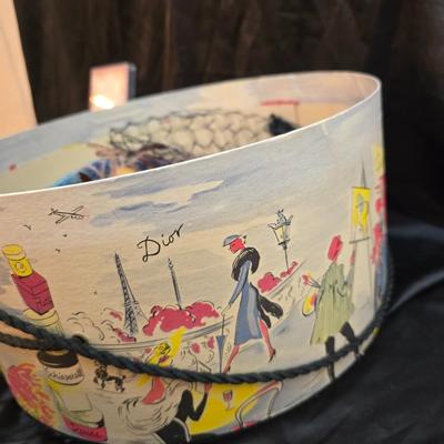 Mid-Century Vintage Hat Box with an assortment of Women's Collectible hats / veils & Vintage linen handkerchiefs.