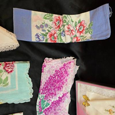 Mid-Century Vintage Hat Box with an assortment of Women's Collectible hats / veils & Vintage linen handkerchiefs.