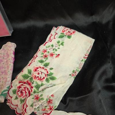 Mid-Century Vintage Hat Box with an assortment of Women's Collectible hats / veils & Vintage linen handkerchiefs.