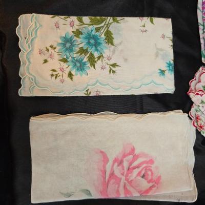 Mid-Century Vintage Hat Box with an assortment of Women's Collectible hats / veils & Vintage linen handkerchiefs.