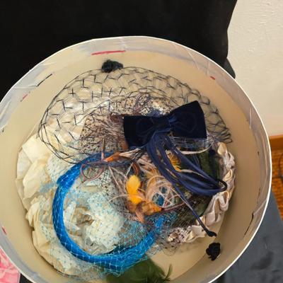 Mid-Century Vintage Hat Box with an assortment of Women's Collectible hats / veils & Vintage linen handkerchiefs.