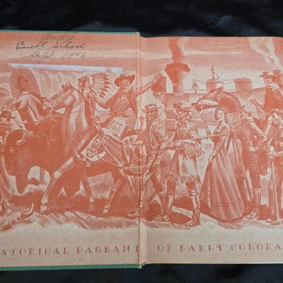 Wooden R& B bookends with a collection of vintage books - Five little peppers at school, Colorado, and an antique German Sunday...