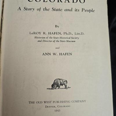 Wooden R& B bookends with a collection of vintage books - Five little peppers at school, Colorado, and an antique German Sunday...