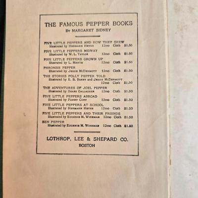 Wooden R& B bookends with a collection of vintage books - Five little peppers at school, Colorado, and an antique German Sunday...