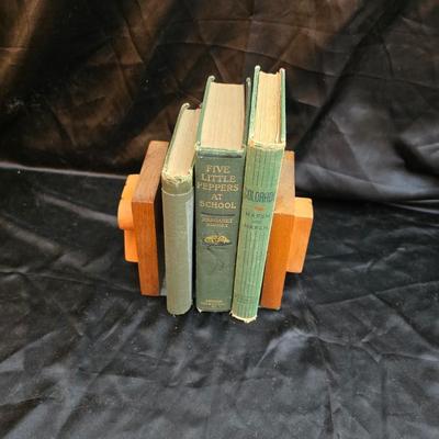 Wooden R& B bookends with a collection of vintage books - Five little peppers at school, Colorado, and an antique German Sunday...