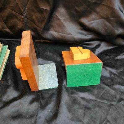 Wooden R& B bookends with a collection of vintage books - Five little peppers at school, Colorado, and an antique German Sunday...