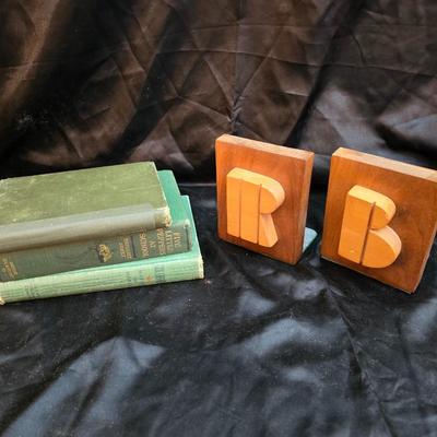 Wooden R& B bookends with a collection of vintage books - Five little peppers at school, Colorado, and an antique German Sunday...