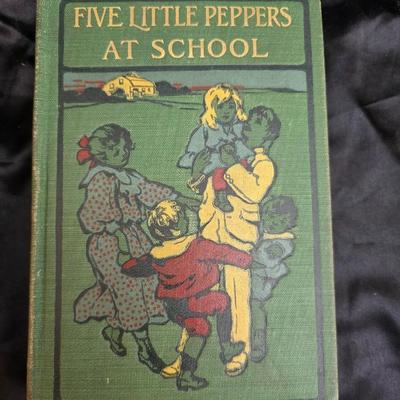 Wooden R& B bookends with a collection of vintage books - Five little peppers at school, Colorado, and an antique German Sunday...
