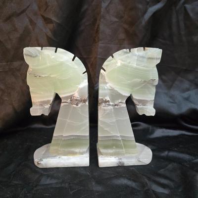 Pair of vintage MCM carved onyx horse head bookends