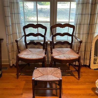A215 Antique French Country Arm Chairs With Stool