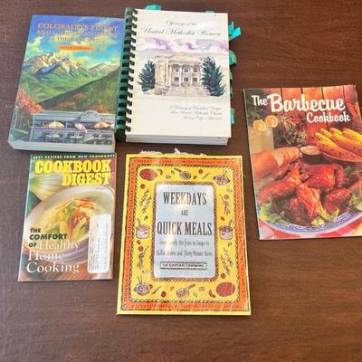 Sale Photo Thumbnail #87: Assorted vintage and regional cookbooks including Colorado’s Finest Small-Town Restaurants & Their Recipes by David Oliver, The Barbecue Cookbook, Weekdays Are Quick Meals, The Comfort of Healthy Home Cooking (Cookbook Digest), and Recipes of the United