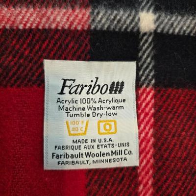 Cuddl Duds® Red Plaid blanket with a vintage Faribo red, black, and white plaid acrylic throw blanket with fringe, made by the Faribault...