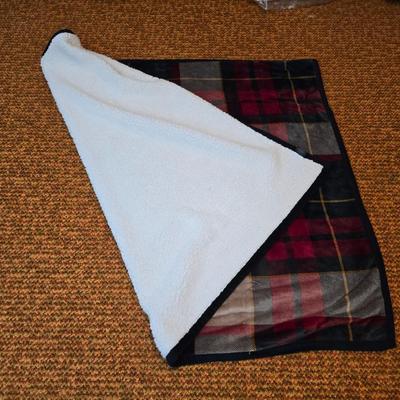 Cuddl Duds® Red Plaid blanket with a vintage Faribo red, black, and white plaid acrylic throw blanket with fringe, made by the Faribault...