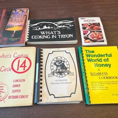 Sale Photo Thumbnail #95: Includes What’s Cooking in Circle 14 (vintage community cookbook), The Wonderful World of Honey: Sugarless Cookbook by Joe Parkhill, What's Cooking in Tryon (spiral community edition), Grotto Club of Denver, Colorado Cookbook, A Treasury of Poultry Reci