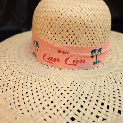 Two vintage straw sun hats for the ladies - wide-brimmed straw sun hat with a pink Can Cun ribbon