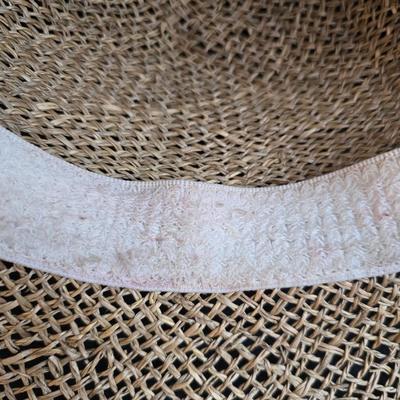 Two vintage straw sun hats for the ladies - wide-brimmed straw sun hat with a pink Can Cun ribbon