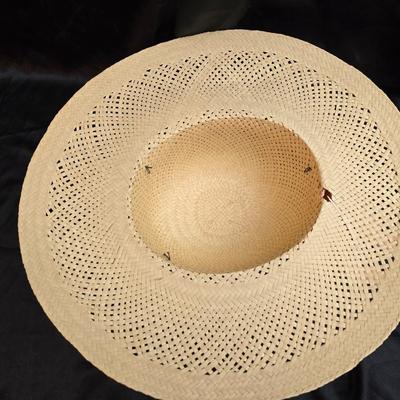 Two vintage straw sun hats for the ladies - wide-brimmed straw sun hat with a pink Can Cun ribbon