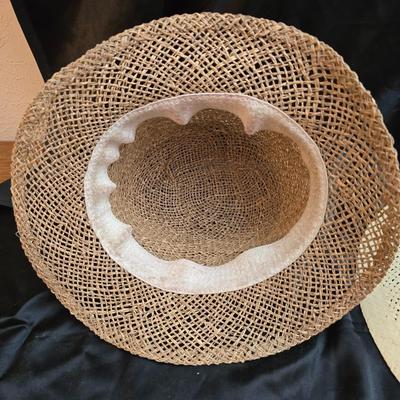Two vintage straw sun hats for the ladies - wide-brimmed straw sun hat with a pink Can Cun ribbon