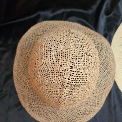 Two vintage straw sun hats for the ladies - wide-brimmed straw sun hat with a pink Can Cun ribbon