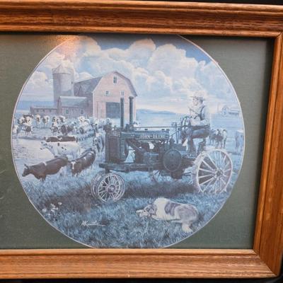 Days Of Splendor” John Deere framed artwork and a brutalist metal nail sculpture depicting a farmer on a tractor, created by artist...