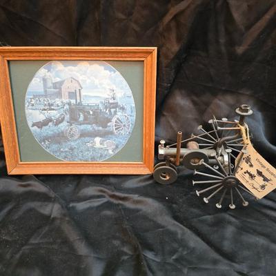 Days Of Splendor” John Deere framed artwork and a brutalist metal nail sculpture depicting a farmer on a tractor, created by artist...