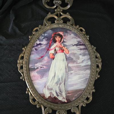 Vintage Mid Century Brass Metal Framed Blue Boy and Pinkie Set of 2 Ornate Photo Frame Made in Italy convex glass