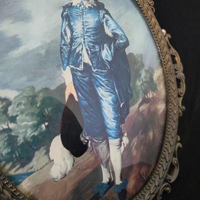 Vintage Mid Century Brass Metal Framed Blue Boy and Pinkie Set of 2 Ornate Photo Frame Made in Italy convex glass