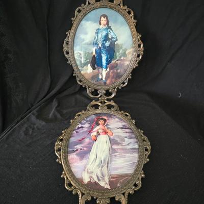 Vintage Mid Century Brass Metal Framed Blue Boy and Pinkie Set of 2 Ornate Photo Frame Made in Italy convex glass