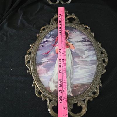 Vintage Mid Century Brass Metal Framed Blue Boy and Pinkie Set of 2 Ornate Photo Frame Made in Italy convex glass