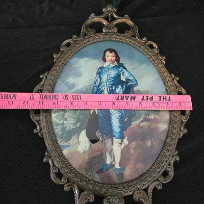 Vintage Mid Century Brass Metal Framed Blue Boy and Pinkie Set of 2 Ornate Photo Frame Made in Italy convex glass