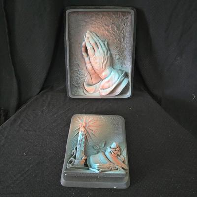 vintage "Prayer" and "Eternal Light" 3D plaques by Victor for Creative Arts, Inc., originally produced around 1959-1964.
