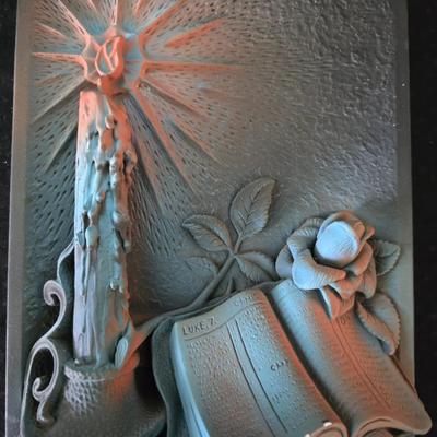 vintage "Prayer" and "Eternal Light" 3D plaques by Victor for Creative Arts, Inc., originally produced around 1959-1964.