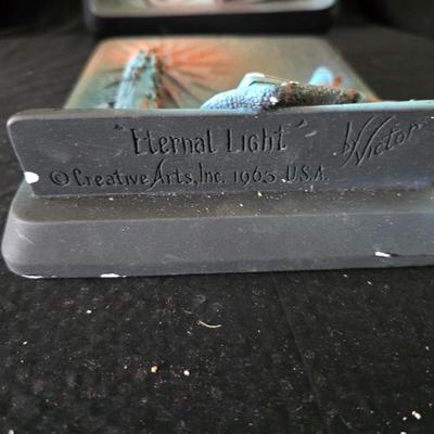 vintage "Prayer" and "Eternal Light" 3D plaques by Victor for Creative Arts, Inc., originally produced around 1959-1964.