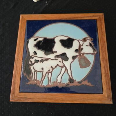 vintage Ceramic cow trivet - Santa Fe Art tile 6" "Cows" Arius trivet and two porcelain Holstiens