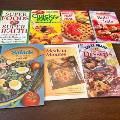 Sale Photo Thumbnail #97: Includes Super Foods for Super Health by Jerry Baker, Betty Crocker Quick & Easy Cooking, Prevention’s Meals That Heal Cookbook, Favorite All-Time Recipes: Bake Sale, Salads: A Recipe Book by Heinz, Meals in Minutes, and Eagle Brand Best-Loved Desserts.