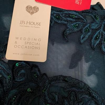Sale Photo Thumbnail #101: Elegant JJ’s House Wedding & Special Occasions dress in deep teal chiffon with intricate beaded lace applique and sheer three-quarter sleeves. Features a sweetheart-lined bodice with illusion neckline and flowing A-line skirt. Size: 14 (per tag). Brand 