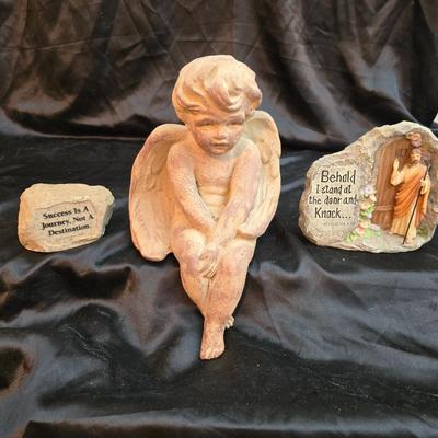 sitting cherub angel garden statue with two faux decorative garden stones