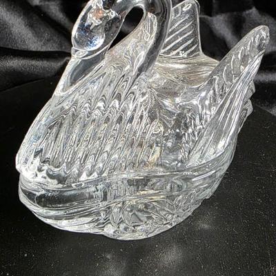 Vintage Lead Crystal Swan Trinket Box - Elegant Clear Glass with Etched Wings Made in Taiwan