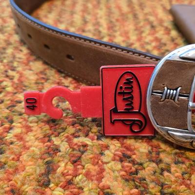 Brand new Justin style C10817 Size 40 bealt with barbed wire leather inlay and a brown Agland wallet