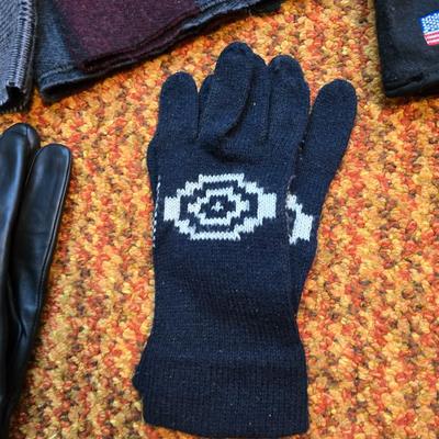 Three pairs of Men's Gloves, two neck Scarves an umbrella