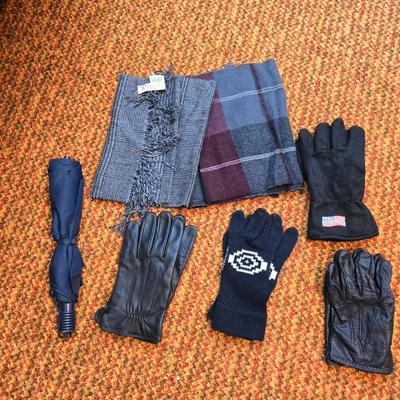 Three pairs of Men's Gloves, two neck Scarves an umbrella