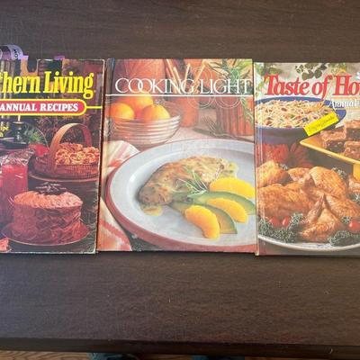 Sale Photo Thumbnail #109: Set of three hardcover annual cookbooks featuring hundreds of tested recipes and color photos:

Southern Living 1986 Annual Recipes

Southern Living 1988 Annual Recipes

Taste of Home 2000 Annual Recipes
Includes one Cooking Light hardcover edition (mid-1