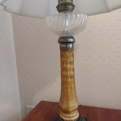Pair of Matching Vintage Glass Post Table Lamps with Shades