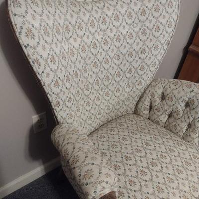 Vintage Wingback Chair with Carved Wood Arms and Legs and Button Tufted Accent