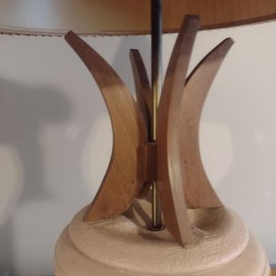 Mid Century Brutalist Chalkware Lamp with Teak Accents and Pleated Lamp Shade