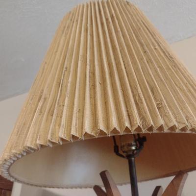 Mid Century Brutalist Chalkware Lamp with Teak Accents and Pleated Lamp Shade