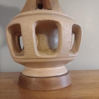 Mid Century Brutalist Chalkware Lamp with Teak Accents and Pleated Lamp Shade